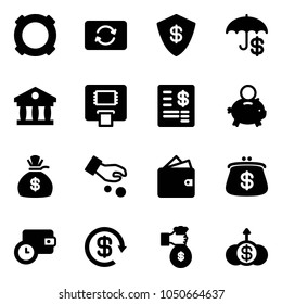 Solid vector icon set - currency vector, card exchange, safe, insurance, bank, atm, account statement, piggy, money bag, investment, wallet, purse, time, dollar reload, rich, growth