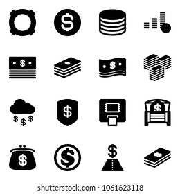 Solid vector icon set - currency vector, dollar coin, cash, big, money rain, safe, atm, chest, purse