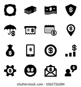 Solid vector icon set - currency vector, dollar, cash, safe, insurance, receipt, calendar, pin, money bag, mobile payment, chart, managemet, smile, mail, dialog