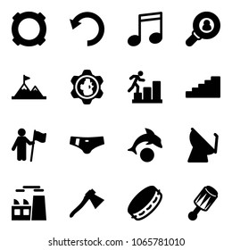 Solid vector icon set - currency vector, undo, music, head hunter, attainment, gear globe, career, stairs, win, swimsuit, dolphin, satellite antenna, plant, axe, tambourine, beanbag