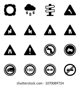 Solid vector icon set - currency vector, money rain, road signpost sign, turn left, abrupt right, narrows, attention, no, moto, truck, speed limit 100, overtake, end
