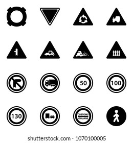 Solid vector icon set - currency vector, giving way road sign, round motion, tractor, intersection, car crash, gravel, railway, no truck, speed limit 50, 100, 130, overtake, customs, pedestrian