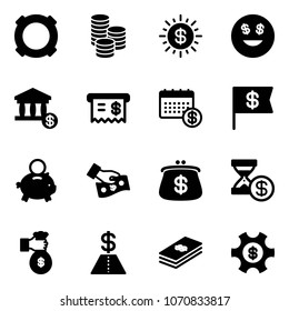 Solid vector icon set - currency vector, coin, dollar sun, smile, account, receipt, calendar, flag, piggy bank, cash pay, purse, history, rich, money managemet