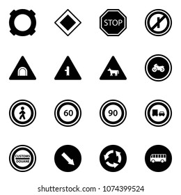 Solid vector icon set - currency vector, main road sign, stop, no parkin odd, tunnel, intersection, cow, moto, pedestrian, speed limit 60, 90, truck overtake, customs, detour, circle, bus