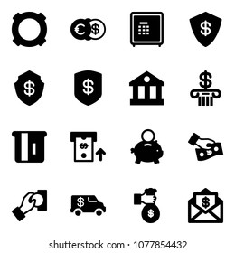 Solid vector icon set - currency vector, euro dollar, safe, bank, atm, piggy, cash pay, encashment car, rich, mail