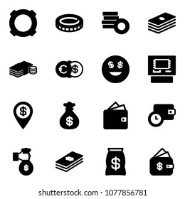 Solid vector icon set - currency vector, coin, dollar, cash, euro, smile, atm, pin, money bag, wallet, time, rich, finance management