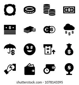Solid vector icon set - currency vector, coin, dollar, cash, euro, money rain, insurance, smile, atm, bag, pay, wallet, time, tree