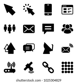 Solid vector icon set - cursor vector, phone, website, group, mail, chat, arrow up, dialog, satellite antenna, wireless, wi fi router, link, circuit