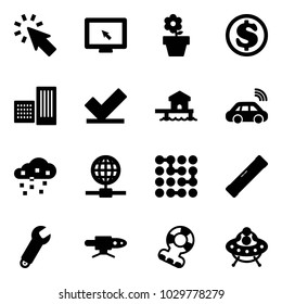 Solid vector icon set - cursor vector, monitor, flower pot, dollar, building, check, bungalow, car wireless, snow, globe, circuit, level, wrench, pipe welding, teethers, ufo toy