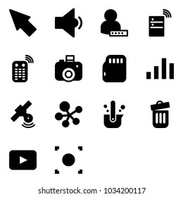 Solid vector icon set - cursor vector, low volume, user password, server wireless, remote control, camera, micro flash card, chart, satellite, molecule, casting of steel, trash bin, playback