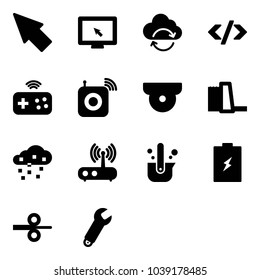 Solid vector icon set - cursor vector, monitor, refresh cloud, tag code, joystick wireless, speaker, surveillance camera, water power plant, snow, wi fi router, casting of steel, battery, rolling