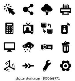 Solid vector icon set - cursor vector, share, upload cloud, printer, calculator, tv news, data exchange, identity card, monitor, snow, projector, trash bin, wind mill, connect, wrench, gear