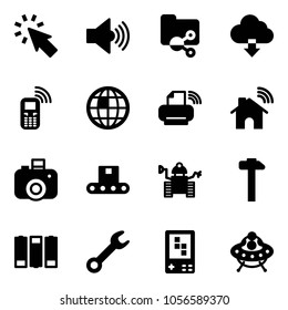 Solid vector icon set - cursor vector, volume max, shared folder, download cloud, mobile phone, globe, printer wireless, home, camera, conveyor, robot, hammer, battery, wrench, game console, ufo toy