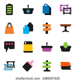 solid vector icon set - cutting board vector, jar, signpost, film frame, battery, message, table, shopping bag, basket