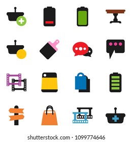 solid vector icon set - cutting board vector, signpost, film frame, battery, message, table, shopping bag, basket