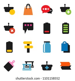 solid vector icon set - cutting board vector, jar, film frame, battery, message, shopping bag, basket, signpost