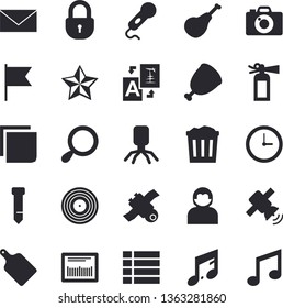 Solid vector icon set - cutting board flat vector, ham, barcode, virus, sticker, tie, satellit, menu, translate, fire extinguisher, magnifier, trash can, envelope, microphone, user, clock, lock