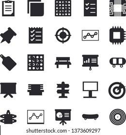 Solid vector icon set - cutting board flat vector, bench, motherboard, billboard, flipchart, clipboard, sticker, point diagram, to do list, target, meeting, presentaition, pushpin, skateboard