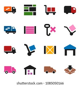 solid vector icon set - delivery vector, car, wood box, consolidated cargo, no hook, warehouse, relocation truck, trolley, package