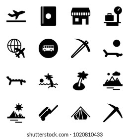 Solid vector icon set - departure vector, passport, duty free, baggage scales, plane globe, bus road sign, job, lounger, palm, mountains, pyramid, suitcase, tent, axe