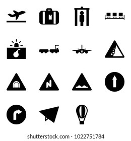Solid vector icon set - departure vector, suitcase, metal detector gate, waiting area, terrorism, baggage truck, plane, landslide road sign, tunnel, abrupt turn right, rough, only forward, paper fly