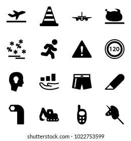 Solid vector icon set - departure vector, road cone, plane, turkey, christmas sale, run, attention sign, speed limit 120, head bulb, growth, swimsuit, work knife, allen key, excavator toy, phone