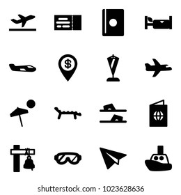 Solid vector icon set - departure vector, ticket, passport, hotel, small plane, dollar pin, pennant, beach, lounger, flip flops, ship bell, protective glasses, paper, toy boat