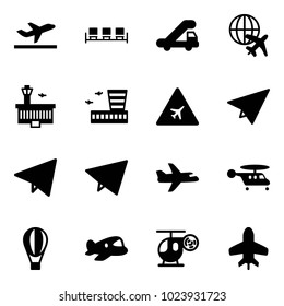 Solid vector icon set - departure vector, waiting area, trap truck, plane globe, airport building, road sign, paper, fly, helicopter, air balloon, toy