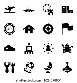 Solid vector icon set - departure vector, plane, globe, hospital building, speed limit 40 road sign, home, target, flag, cloud, bank, star man, robot, shovel fork toy, teethers, moon lamp, wirligig