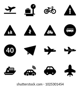 Solid vector icon set - departure vector, baggage scales, bike, traffic light road sign, children, intersection, for moto, bus, minimal speed limit, paper fly, plane, cruiser, car wireless, toy