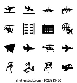 Solid vector icon set - departure vector, arrival, plane, boarding passengers, helicopter, seats, schedule, globe, paper fly, kite, wind mill, toy