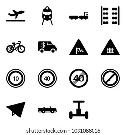 Solid vector icon set - departure vector, train, baggage truck, plane seats, bike, encashment car, side wind road sign, railway intersection, speed limit 10, 40, end, no parking, paper fly, cabrio