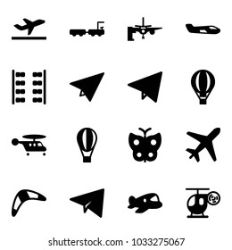 Solid vector icon set - departure vector, baggage truck, boarding passengers, small plane, seats, paper, fly, air balloon, helicopter, butterfly, boomerang, toy