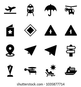 Solid vector icon set - departure vector, train, insurance, helicopter, star postcard, main road sign, intersection, map pin, paper plane, fly, signpost, pennant, beach, cruiser