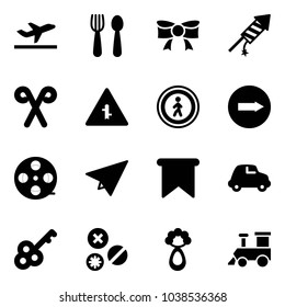 Solid vector icon set - departure vector, spoon and fork, bow, firework rocket, santa stick, intersection road sign, no pedestrian, only right, film coil, paper plane, flag, car, key, rivet, beanbag