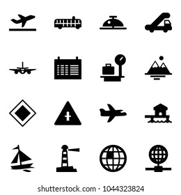 Solid vector icon set - departure vector, airport bus, client bell, trap truck, plane, schedule, baggage scales, mountains, main road sign, intersection, bungalow, sail boat, lighthouse, globe