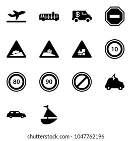 Solid vector icon set - departure vector, airport bus, encashment car, no way road sign, climb, steep roadside, railway intersection, speed limit 10, 80, 90, parking, electric, limousine