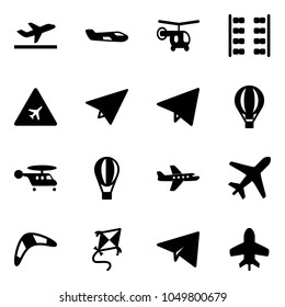 Solid vector icon set - departure vector, small plane, helicopter, seats, airport road sign, paper, fly, air balloon, boomerang, kite, toy