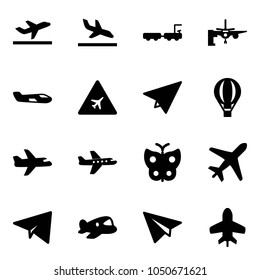 Solid vector icon set - departure vector, arrival, baggage truck, boarding passengers, small plane, airport road sign, paper, air balloon, butterfly, toy