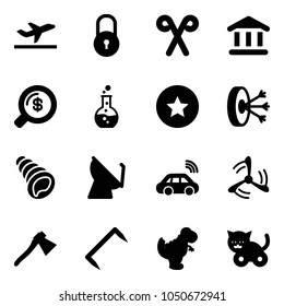 Solid vector icon set - departure vector, lock, santa stick, bank, money search, round flask, star medal, solution, shell, satellite antenna, car wireless, wind mill, axe, staple, dinosaur toy, cat