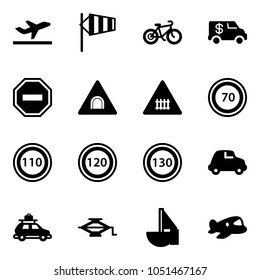 Solid vector icon set - departure vector, side wind, bike, encashment car, no way road sign, tunnel, railway intersection, speed limit 70, 110, 120, 130, baggage, jack, sailboat toy, plane