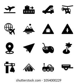 Solid vector icon set - departure vector, baggage, trap truck, helicopter, plane globe, mountains, tunnel road sign, intersection, map pin, paper, coconut cocktail, palm, ship bell, tent, moon rover