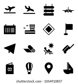 Solid vector icon set - departure vector, arrival, sign post, plane, schedule, airport building, main road, flag, paper fly, mat, beach, suitcase, passport, air balloon, navigation pin, sailboat toy