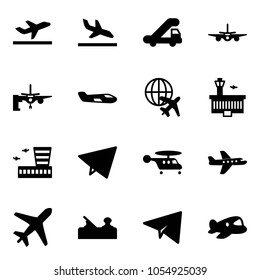 Solid vector icon set - departure vector, arrival, trap truck, plane, boarding passengers, small, globe, airport building, paper fly, helicopter, jointer, toy