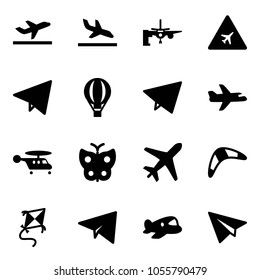 Solid vector icon set - departure vector, arrival, boarding passengers, airport road sign, paper fly, air balloon, plane, helicopter, butterfly, boomerang, kite, toy
