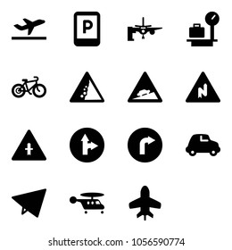 Solid vector icon set - departure vector, parking sign, boarding passengers, baggage scales, bike, landslide road, climb, abrupt turn right, intersection, only forward, car, paper fly, helicopter
