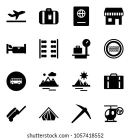Solid vector icon set - departure vector, suitcase, passport, duty free, hotel, plane seats, baggage scales, customs road sign, bus, mountains, pyramid, tent, axe, helicopter toy