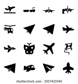Solid vector icon set - departure vector, baggage truck, plane, boarding passengers, helicopter, paper, fly, butterfly, kite, toy