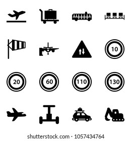 Solid vector icon set - departure vector, baggage, airport bus, waiting area, side wind, boarding passengers, oncoming traffic road sign, speed limit 10, 20, 60, 110, 130, plane, gyroscope, car