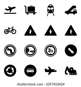 Solid vector icon set - departure vector, baggage, train, trap truck, bike, intersection road sign, no left turn, trailer, limited height, detour, circle, bus, plane, excavator toy